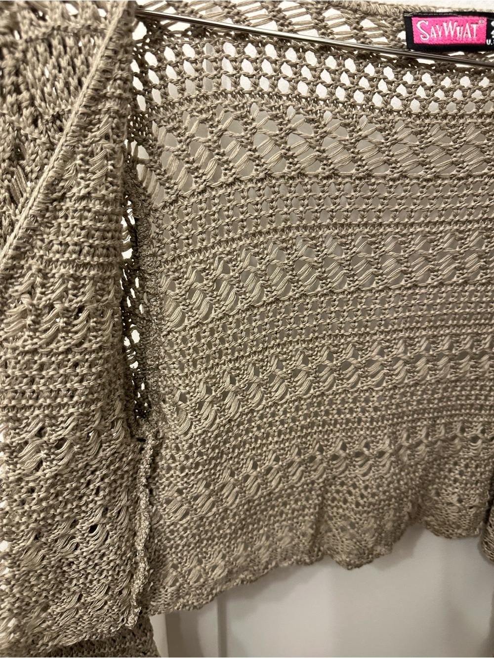 Y2K “Say What?” Crochet Tie-Front Cardigan in Taupe - Picture 5 of 7